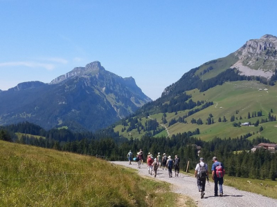 Wandergruppe auf einem Juragipfel über dem Neuenburgersee