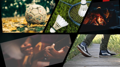 Collage mit verschiedenen Bildern. Fuss- und Federball, Feuerstelle, Gitarrenspiel und Sneakers