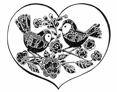 Scherenschnitt-Herz mit zwei zwitschernden Vögeln