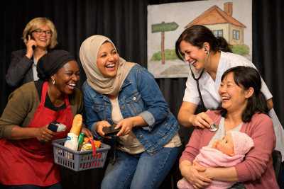 Frauen aus verschiedenen Kulturen, spielen Alltagsszenen und lachen